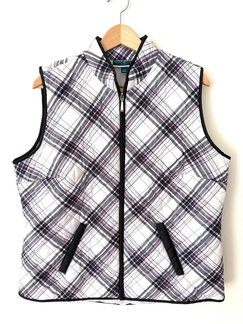 Karen Scott Sport Winter White Pink Plaid Quilted Vest L Après Ski Cabincore